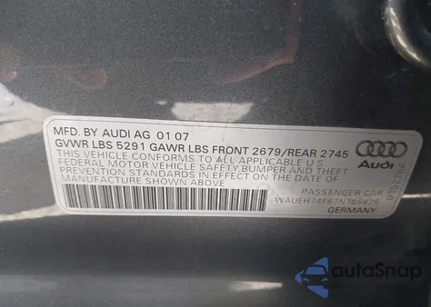 2007 Audi A6 3.2 from USA, damaged, VIN WAUEH74F67N106825